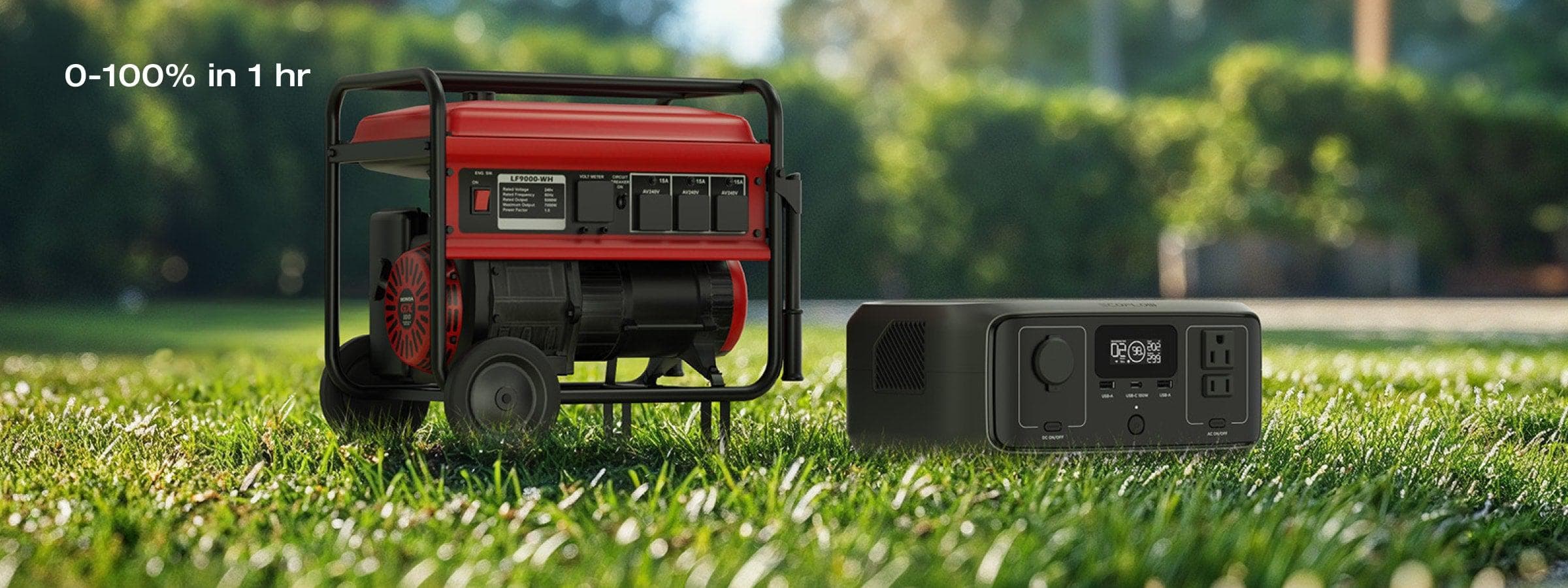 EcoFlow RIVER 3 300W 245Wh Portable Solar Power Station An EcoFlow RIVER 3 300W 245Wh Portable Solar Power Station by EcoFlow sits on green grass in sunlight with the text 0-100% in 1 hr displayed in the upper left corner.