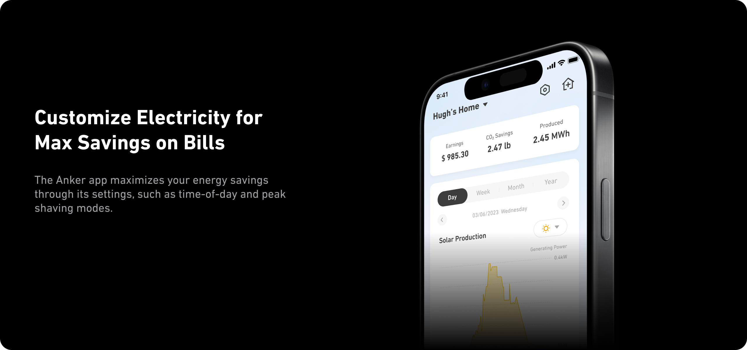 2× Anker SOLIX F3800 Portable Power Station | 12000W Output | 7.68kWh Battery Storage | Smart Home Power Kit A smartphone shows the Anker app with electricity usage and solar data, highlighting customizable settings and the expandable 3.84kWh capacity of the Anker SOLIX F3800 Solar Generator + PS400 for up to 6,000W output and maximized bill savings.