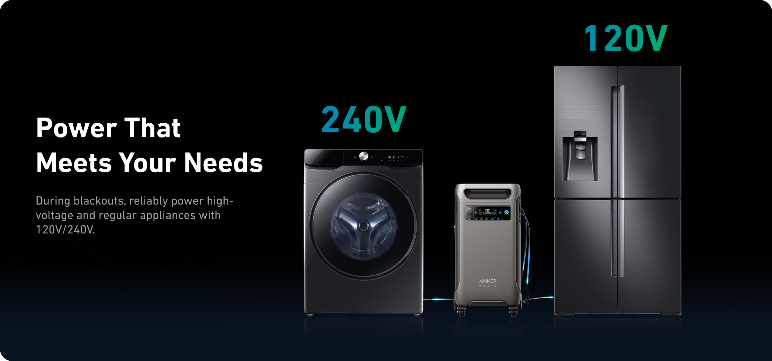 The Anker SOLIX BP3800 Expansion Battery (3840Wh, LFP) works with the SOLIX F3800 to reliably run both high-voltage (240V) and regular (120V) appliances like washing machines and refrigerators, providing backup power even during blackouts.