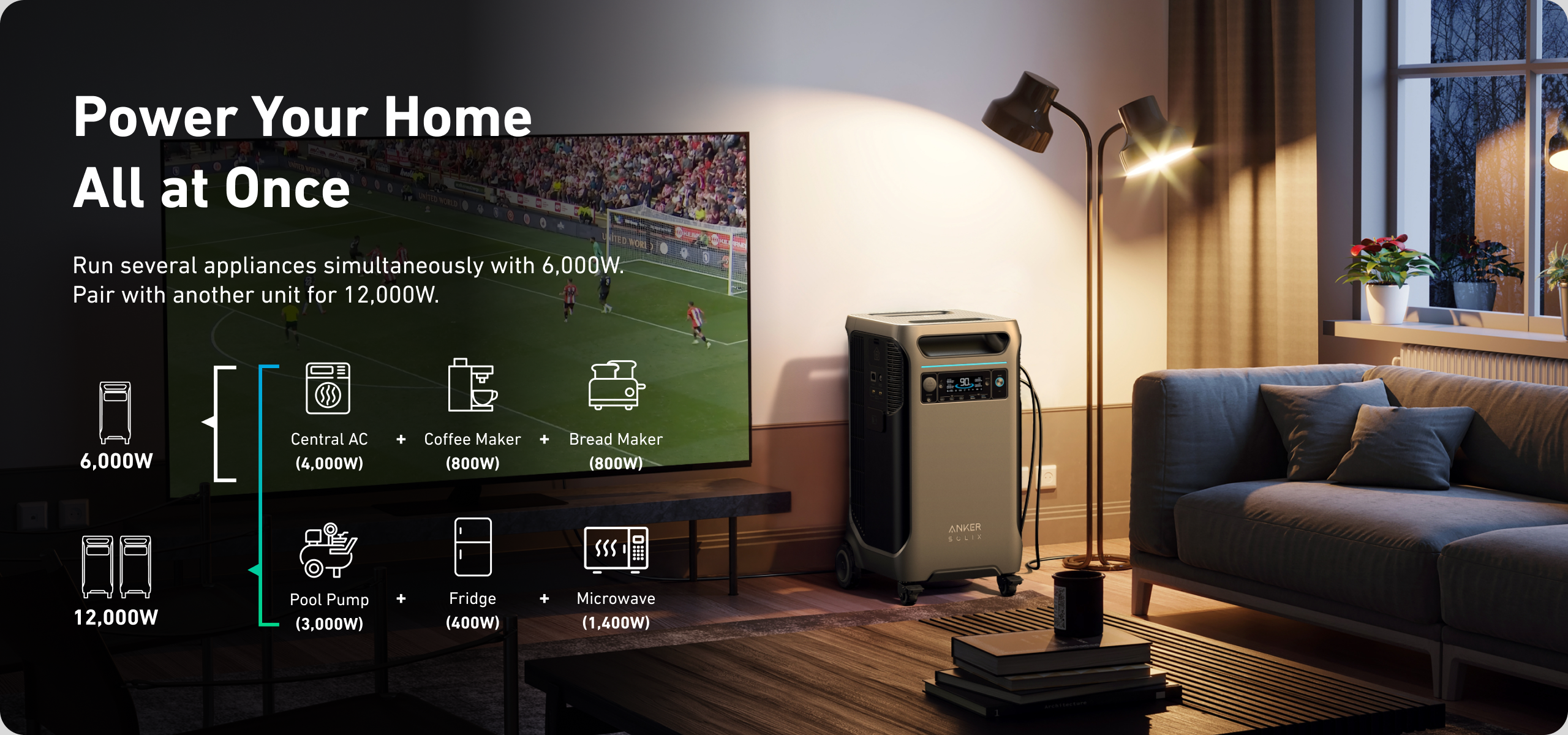 2× Anker SOLIX F3800 Portable Power Station | 12000W Output | 7.68kWh Battery Storage | Smart Home Power Kit A modern living room with a large TV showing soccer, an Anker SOLIX F3800 + BP3800 Expansion Battery (7680Wh, 6000W output) on the floor, and text overlay listing home appliances powered simultaneously.