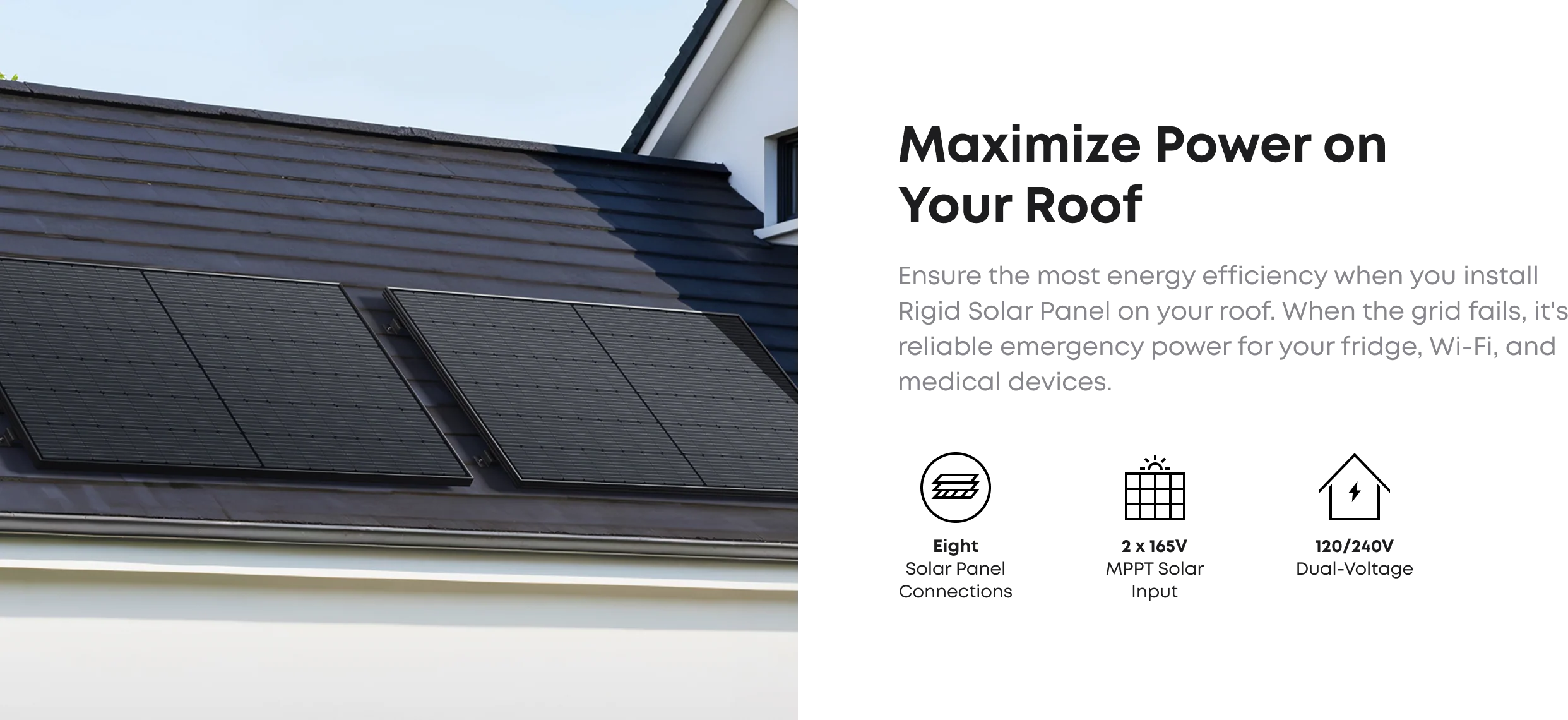 2 x Anker SOLIX 440W Rigid Solar Panel Set Two black Anker SOLIX RS40D Rigid Solar Panels are installed on the sloped, dark roof of a modern house under a clear sky. Text beside the image highlights maximizing roof power with Anker’s high-efficiency solar installation.