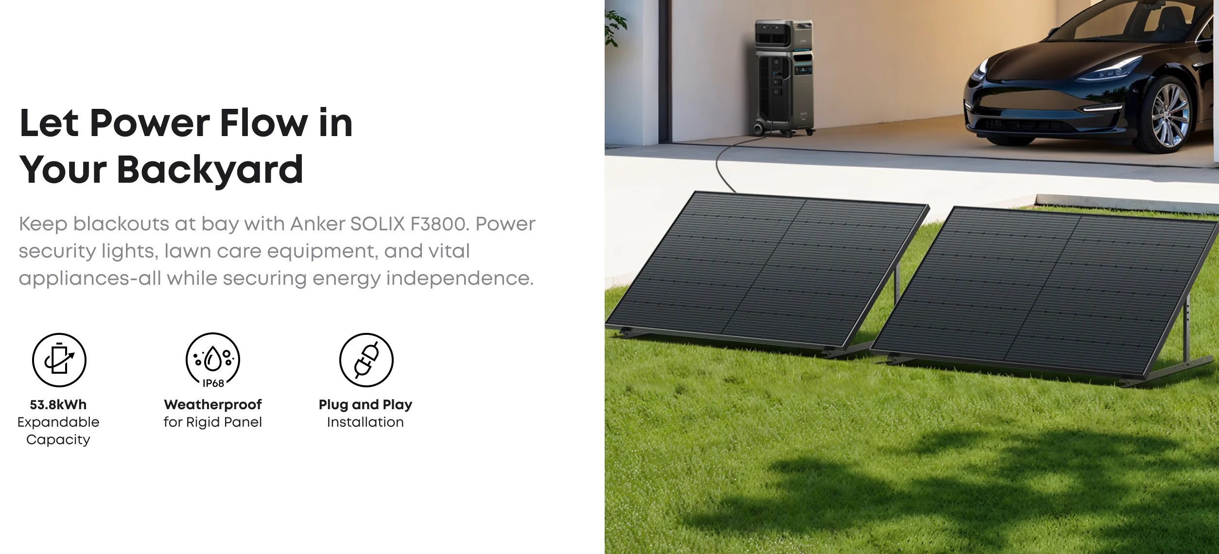 Two Anker SOLIX RS40D Rigid Solar Panels sit on a green lawn, linked to a portable power station by a modern home with a black electric car in the driveway, showcasing Ankers efficient off-grid energy solutions for homes.