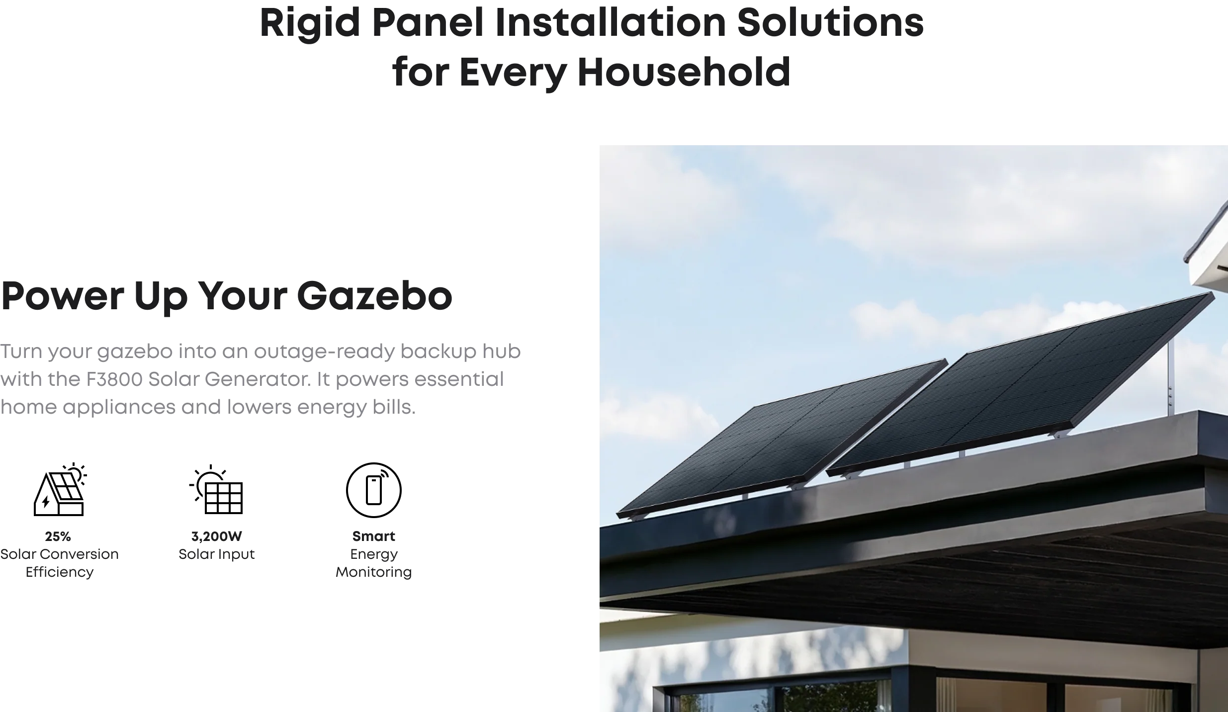 2 x Anker SOLIX 440W Rigid Solar Panel Set Two Anker SOLIX RS40D Rigid Solar Panels are installed on a modern homes flat roof, promoting off-grid backup power solutions. Text highlights the Anker panels’ high solar efficiency and built-in energy monitoring features.