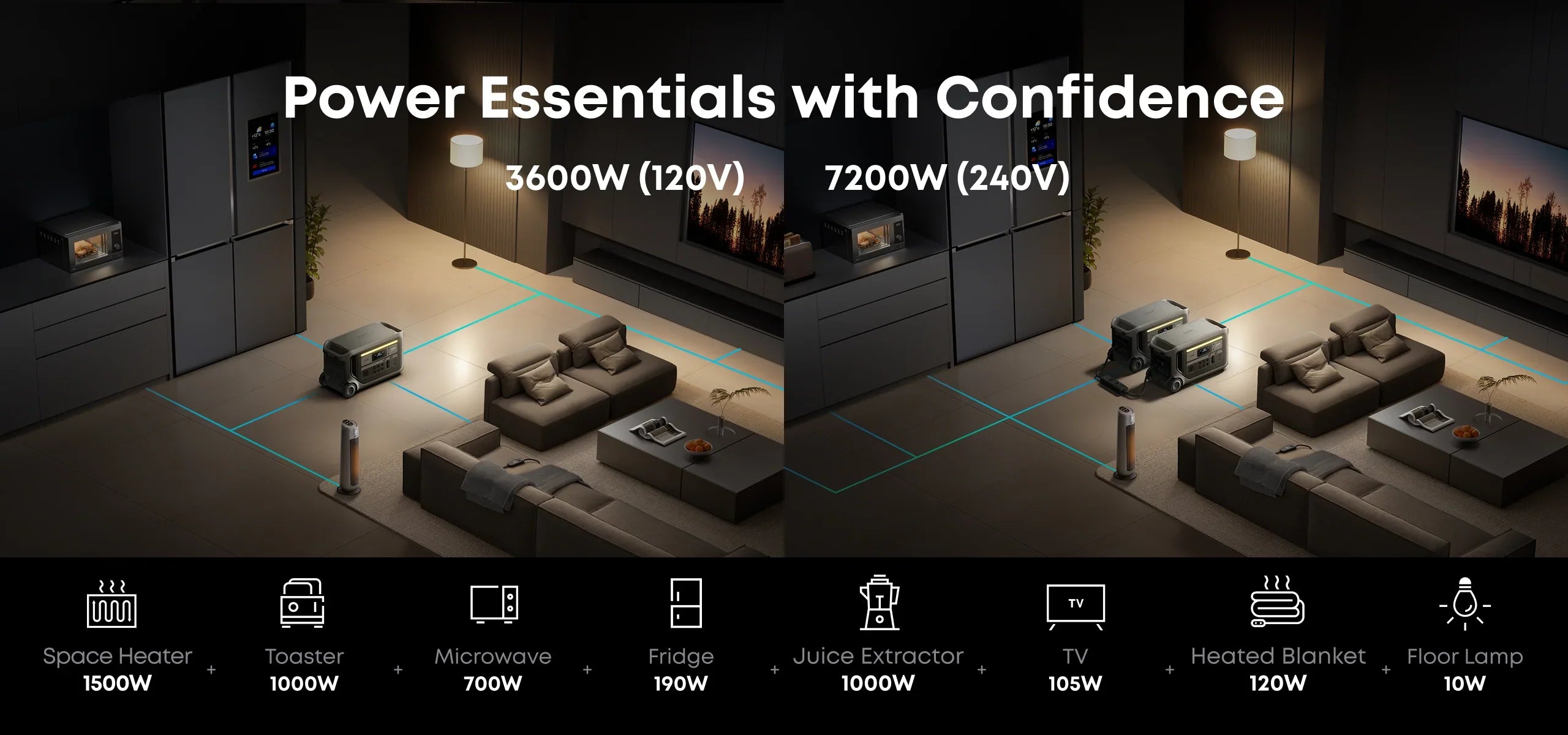 Anker SOLIX F3000 Portable Power Station | 3,600W Power Output and 3,072Wh Battery Storage Diagram of a living room divided into two zones, displaying appliances such as a microwave, fridge, toaster, TV, and heater, all powered by the Anker SOLIX F3000 Portable Power Station from Anker. The setup also features a single PD charger or USB-C charger for device charging. Text highlights the 3,600W (120V) and 7,200W (240V) power output of the SOLIX F3000 to support essential appliances.