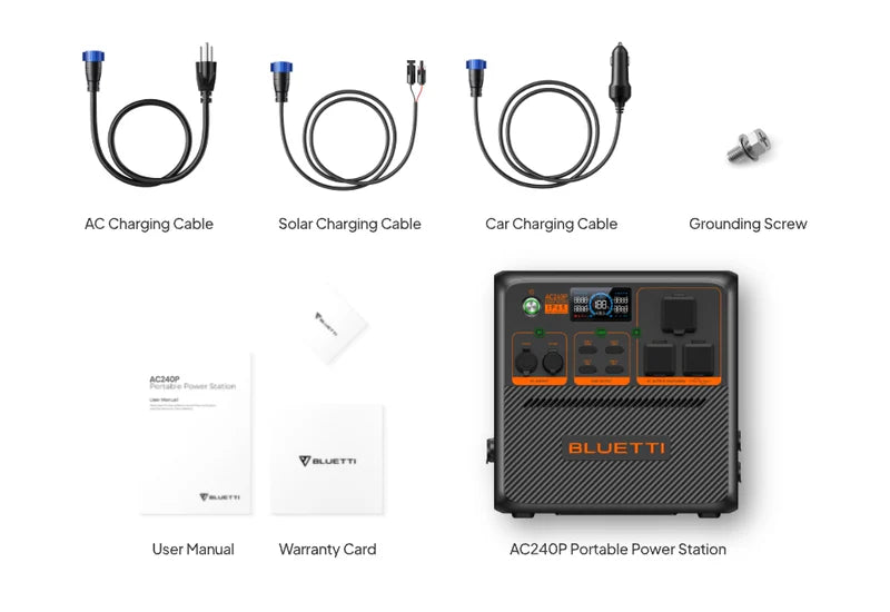 The BLUETTI AC240P 2,400W 1,843Wh Portable Power Station package includes AC, solar input and car charging cables, a grounding screw, user manual, warranty card, and the expandable power station—all from Bluetti and clearly labeled.