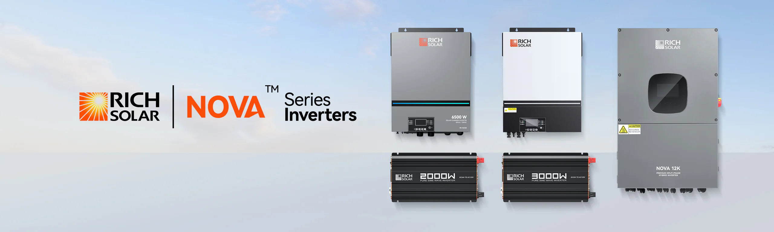 Rich Solar 2,000W 24V Industrial Pure Sine Wave Inverter | NOVA PURE MAX 2K A promotional banner for the Rich Solar 2,000W 24V Industrial Pure Sine Wave Inverter (NOVA PURE MAX 2K) features the Rich Solar logo and highlights its ability to power household AC devices with a 24V DC input.