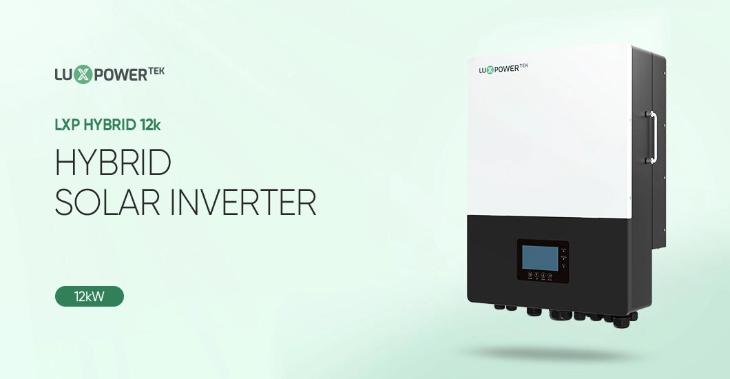 LUXPower 12kW 120V/240V Hybrid Inverter | UL1741 and IEEE1547 Certified | 10-Year Brand Warranty A LUXPower 12kW 120V/240V Hybrid Inverter (UL1741 & IEEE1547 certified, 10-year warranty) in white and black is shown on a light green background. It features a digital display, ideal for modern solar setups.