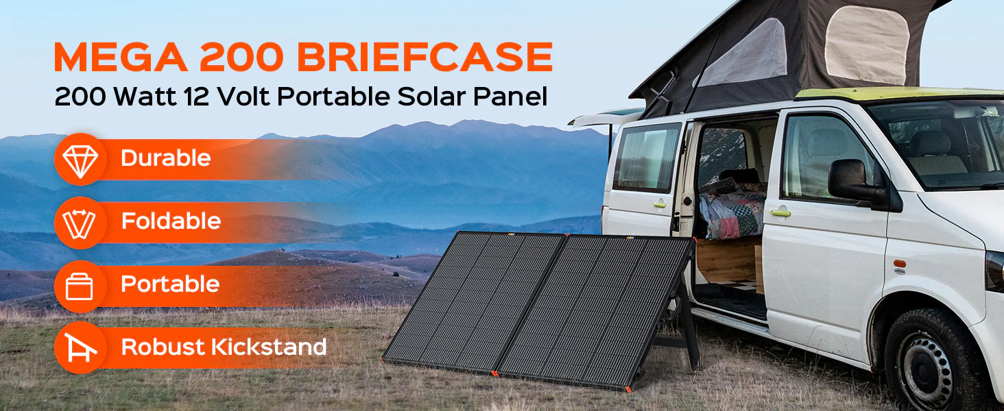 RICH SOLAR MEGA 200 Watt 12V Briefcase Portable Solar Charging Kit With Microinverter The Bluetti AC500+B300K Solar Generator Kit (5,000W, 2,764.8Wh) with 3 x 200W Mono Solar Panels is set up outside a camper van with scenic mountains, offering a durable, foldable, portable design and robust kickstand for efficient solar energy use.