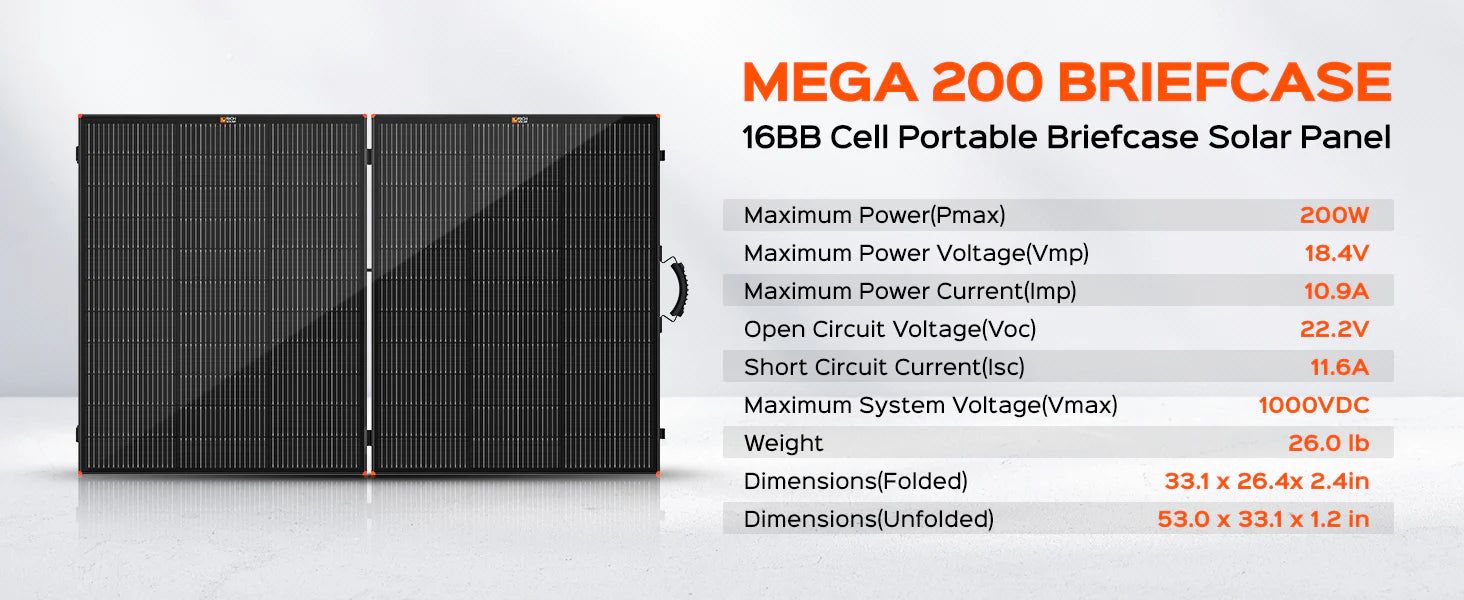 Bluetti AC500+B300K 5,000W 2,764.8Wh Solar Generator Kit + 3 x 200W Mono Solar Panels | Complete Solar Kit Two black briefcase-style Bluetti 200W mono solar panels feature orange accents. Specs—200W max power, 18.4V, 26 lbs, with folded/unfolded dimensions—are listed beside them. They’re part of the Bluetti AC500+B300K Solar Generator Kit.