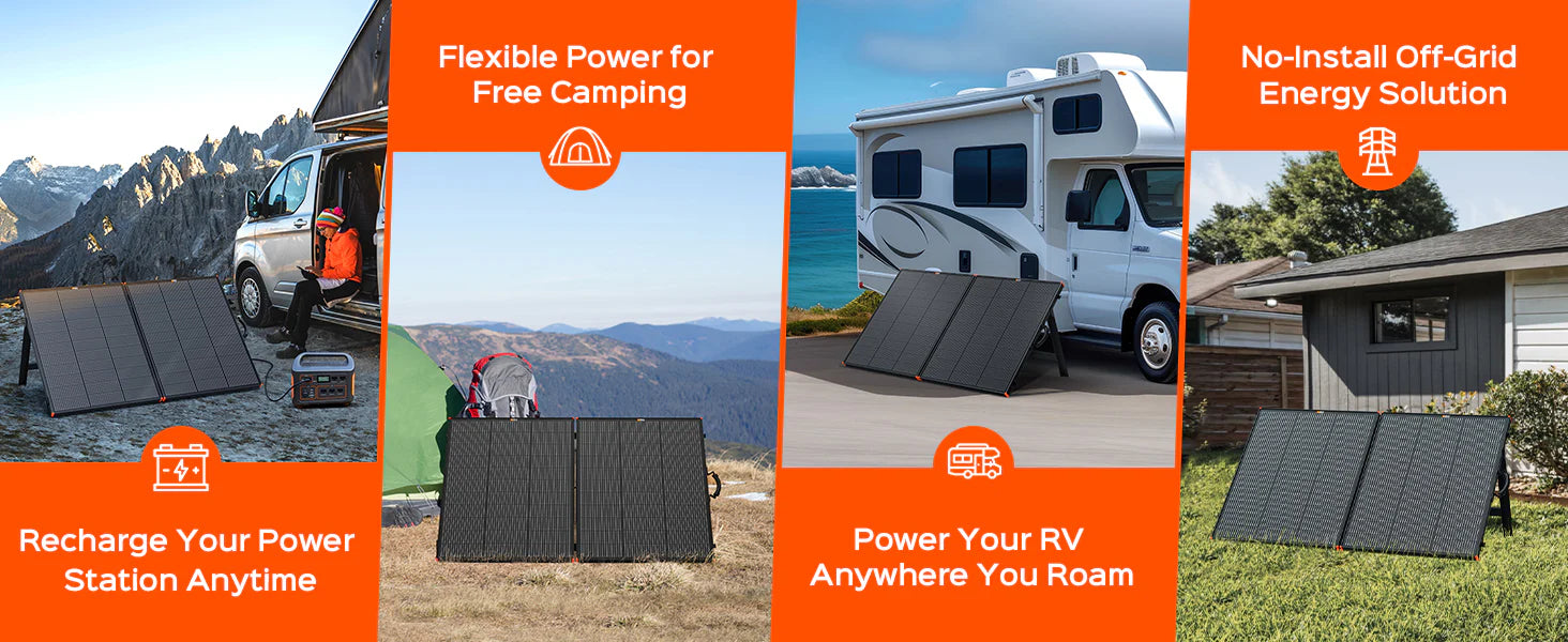 RICH SOLAR MEGA 200 Watt 12V Briefcase Portable Solar Charging Kit With Microinverter Three images showcase the Bluetti AC500+B300K 5,000W 2,764.8Wh Solar Generator Kit with 3x200W Mono Solar Panels—next to a van, outside a tent, and by an RV—demonstrating Bluetti’s flexible solar power for off-grid living.