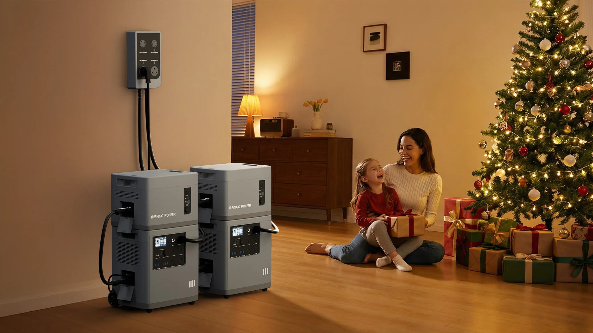 Mango Power E 6,000W 14,120Wh 240V Portable Power Station Kit with mPanel Pro A woman and a girl sit by a decorated Christmas tree surrounded by gifts. Nearby, two large backup power units—including the Mango Power E 3,000W 7kWh 120V Home Backup Portable Power Station from Mango Power—are plugged into a wall outlet. The room is warm and softly lit, creating a cozy atmosphere.