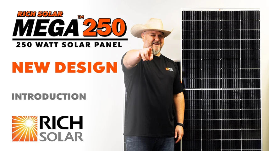 RICH SOLAR MEGA 250W 12V Monocrystalline Solar Panel A smiling man in a cowboy hat stands next to a large black solar panel. Text reads: RICH SOLAR MEGA 410W 24V Monocrystalline Solar Panels | Pallets Only, New Design, Introduction, Rich Solar with the company’s logo.