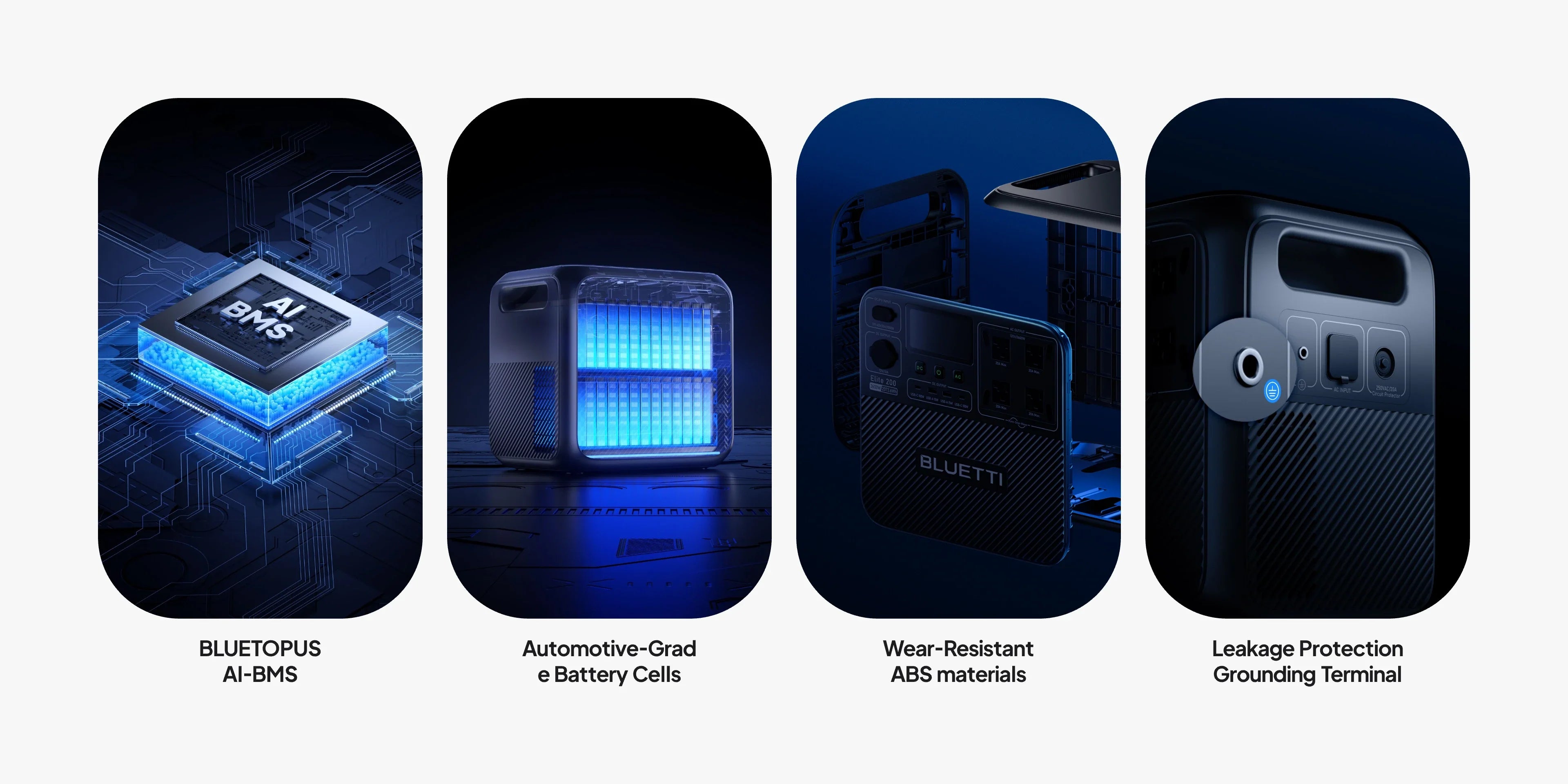 Four panels show: a close-up of a computer chip labeled AI-BMS, a glowing battery cell, durable ABS material casing, and the Eco Solar Kits Bluetti Elite 200 V2 Portable Power Station (2600W, 2073.6Wh), which highlights a leakage protection grounding terminal—making it an ideal solar generator for reliable energy on the go.