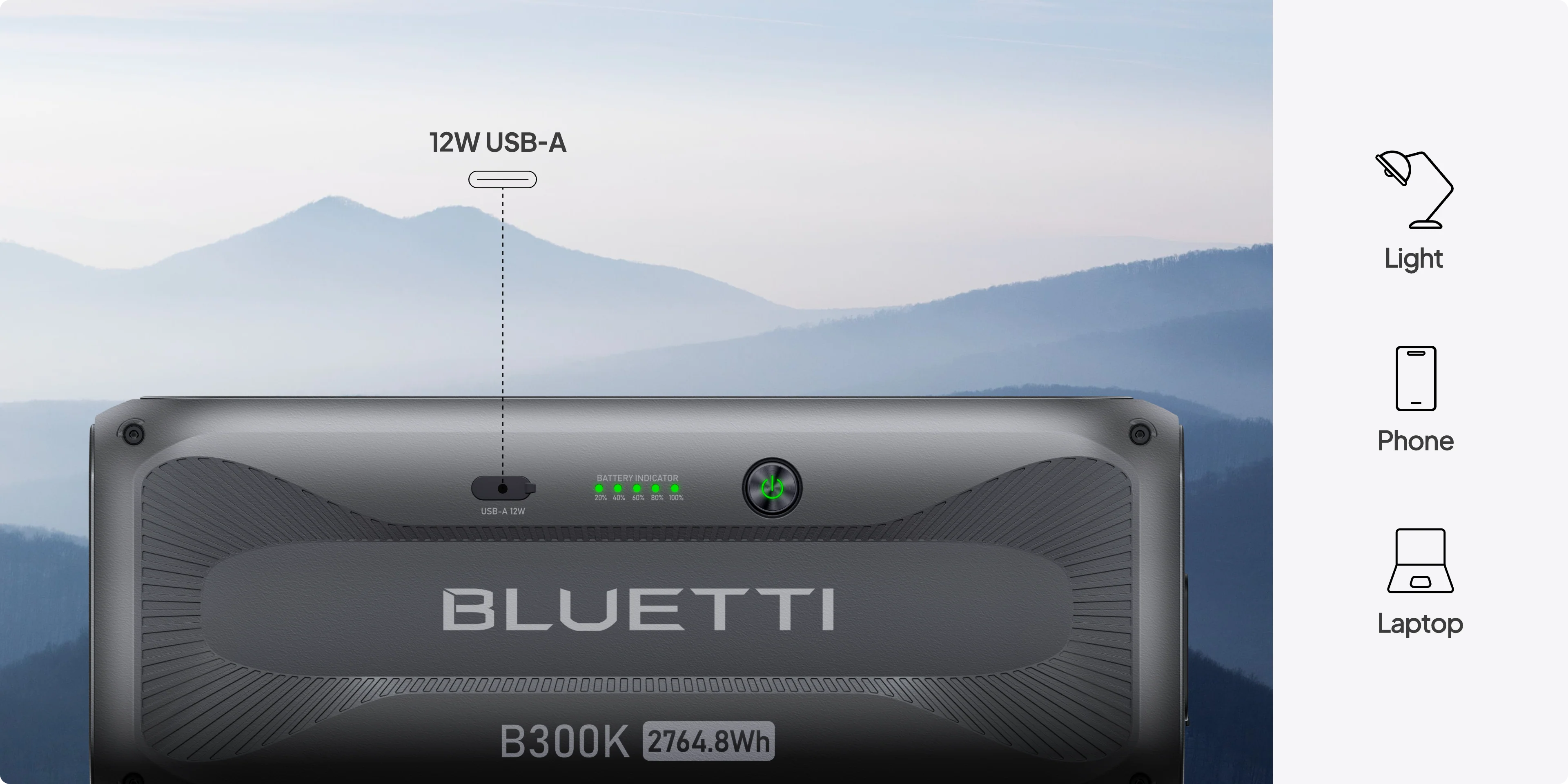 Bluetti B300K 2,764.8Wh 48V Portable Expansion Battery The Bluetti B300K 2,764.8Wh 48V Portable Expansion Battery’s modular design and 12W USB-A port are shown powering a light, phone, and laptop, with mountains in the background.