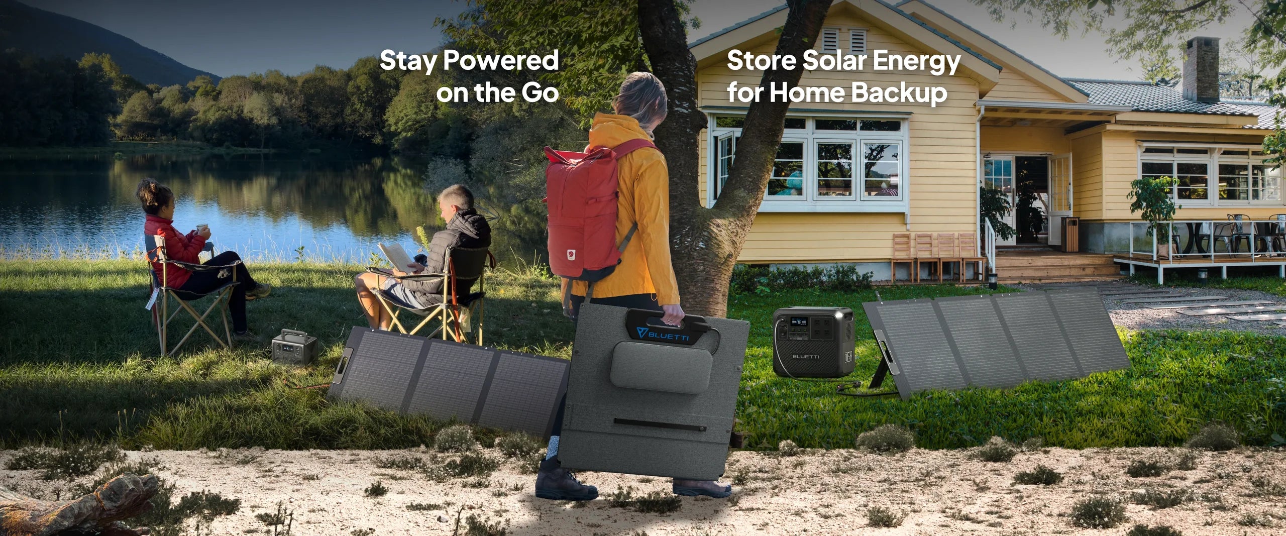 BLUETTI 200W 24V Monocrystalline Portable Solar Panel Near a lake, someone with a red backpack carries the Bluetti 200W 24V Monocrystalline Portable Solar Panel, while others relax outside a yellow solar-equipped house. Text: Stay Powered on the Go and Store Solar Energy for Home Backup.