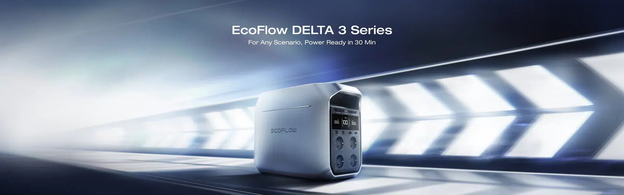 Ecoflow DELTA 3 1,800W 1,024Wh Portable Power Station An EcoFlow DELTA 3 1,800W 1,024Wh Portable Power Station is displayed in a futuristic, illuminated tunnel. Above it, text reads: EcoFlow DELTA 3—Fast Charging for Any Scenario. Home Backup Power Ready in 30 Min.