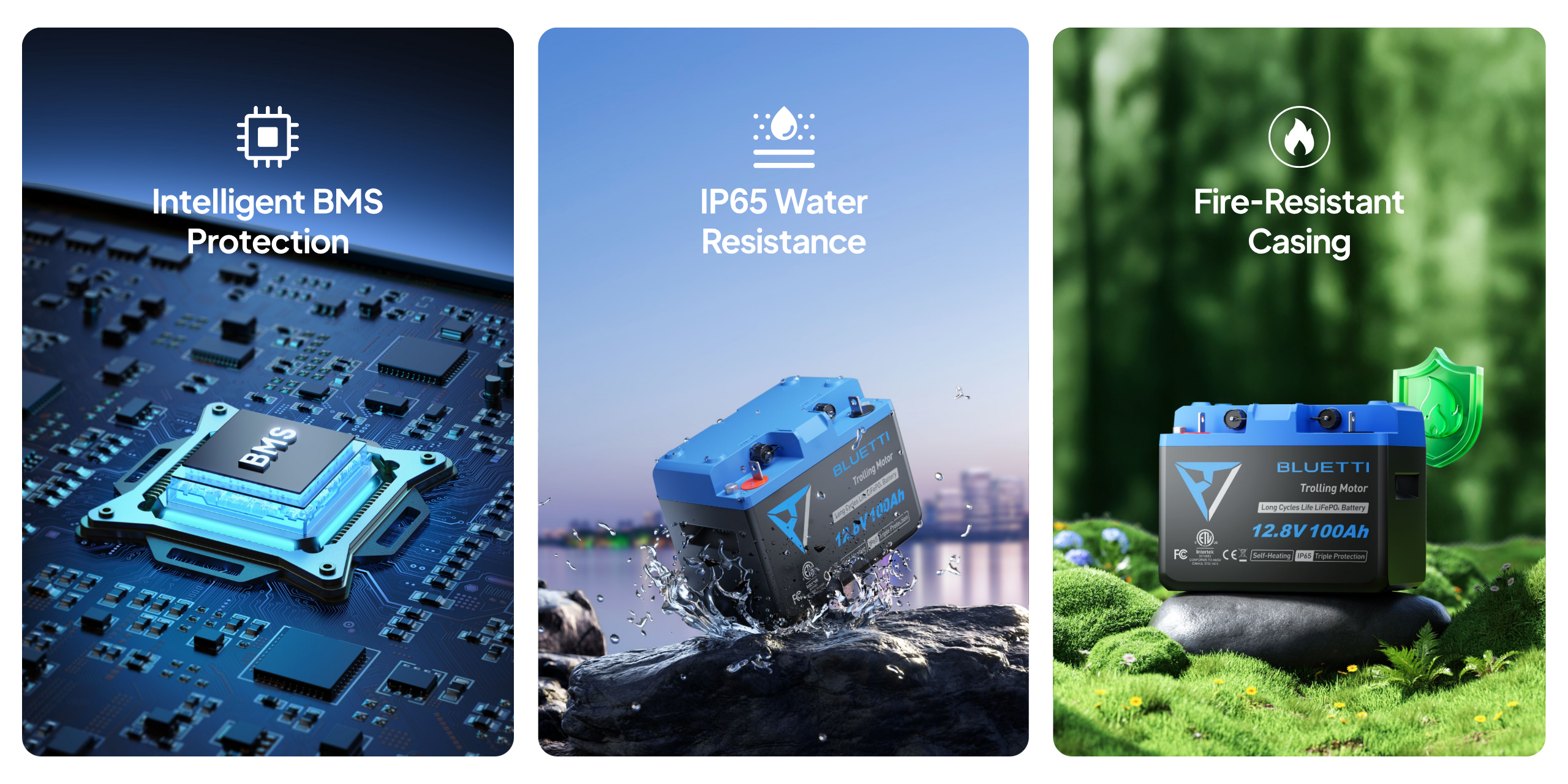 Three images showcase the advanced features of the Bluetti B4810 LiFePO₄ Battery (5,120Wh, 100Ah): intelligent BMS protection displayed on a circuit board, IP65 water resistance illustrated by splashes of water on the battery, and a fire-resistant casing shown resting on grass with a green shield icon—making this Bluetti battery an ideal companion for your portable power station needs.