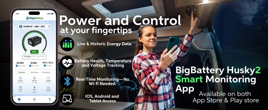 HUSKY 2 INV 48V Lithium Battery 5.12kWh 100Ah | LiFePO4 | RV | Off-Grid | Marine Battery A woman stands in a van using her smartphone, seamlessly checking the battery health and energy data of her Eco Solar Kits HUSKY 2 INV 48V Lithium Battery (5.12kWh, 100Ah, LiFePO4) with the Smart Monitoring App. Compatible with both iOS and Android devices, the app makes it easy to stay connected and in control of your RV, off-grid, or marine battery. An intuitive app screenshot highlights its user-friendly design.
