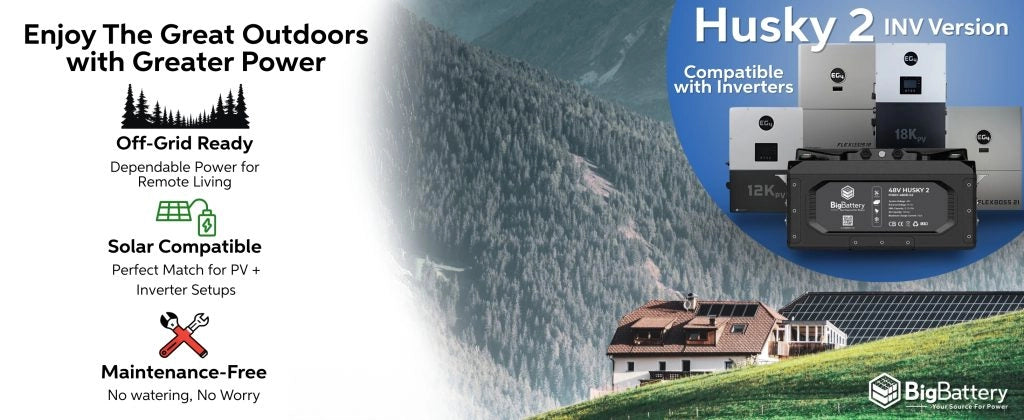 HUSKY 2 INV 48V Lithium Battery 5.12kWh 100Ah | LiFePO4 | RV | Off-Grid | Marine Battery Set against awe-inspiring mountain scenery, Eco Solar Kits proudly presents the HUSKY 2 INV 48V Lithium Battery—5.12kWh and 100Ah of LiFePO4 power—uniquely engineered for off-grid, RV, and marine adventures. Discover seamless inverter compatibility and effortless solar integration with the Husky 2 battery. Enjoy maintenance-free reliability and powerful energy for every journey; let the Husky 2 fuel your next adventure beyond the grid.