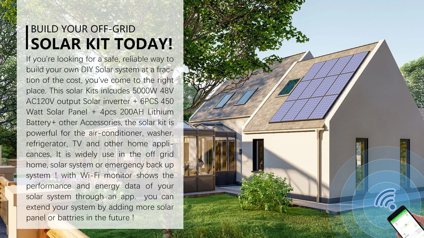 Sungold Power Solar Kit 5,000W 48V 120V Output 10.24 kWh Lithium Battery 2,700W Solar Panel SGK‑5PRO A modern house with expansive solar panels on the roof, set amid lush greenery. Text overlay highlights the Sungold Power Solar Kit SGK-5PRO—including 2,700W solar panels and a 10.24 kWh lithium battery—and features like app-based monitoring, system expandability, and a powerful 5,000W (48V/120V) output.
