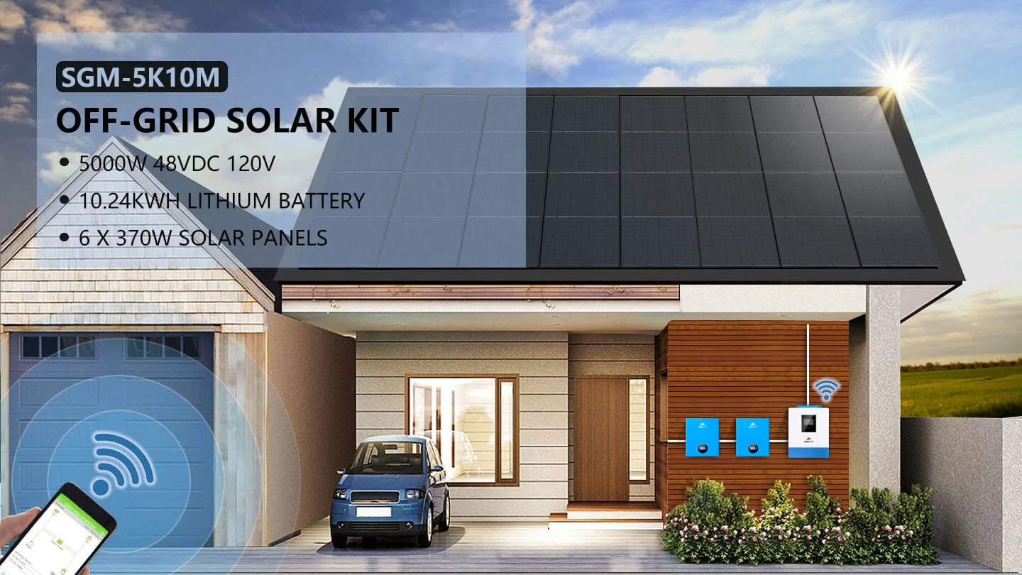 A modern house with solar panels on the roof and a blue car in the driveway is shown, highlighting various components and icons related to the Sungold Power Off‑Grid Solar Kit. The advertisement features the Sungold Power SGM‑5K10M system, which includes a 5,000W 48VDC 120V inverter, a 10.24 kWh Powerwall lithium battery, and six 370W solar panels—delivering a comprehensive off-grid energy solution.