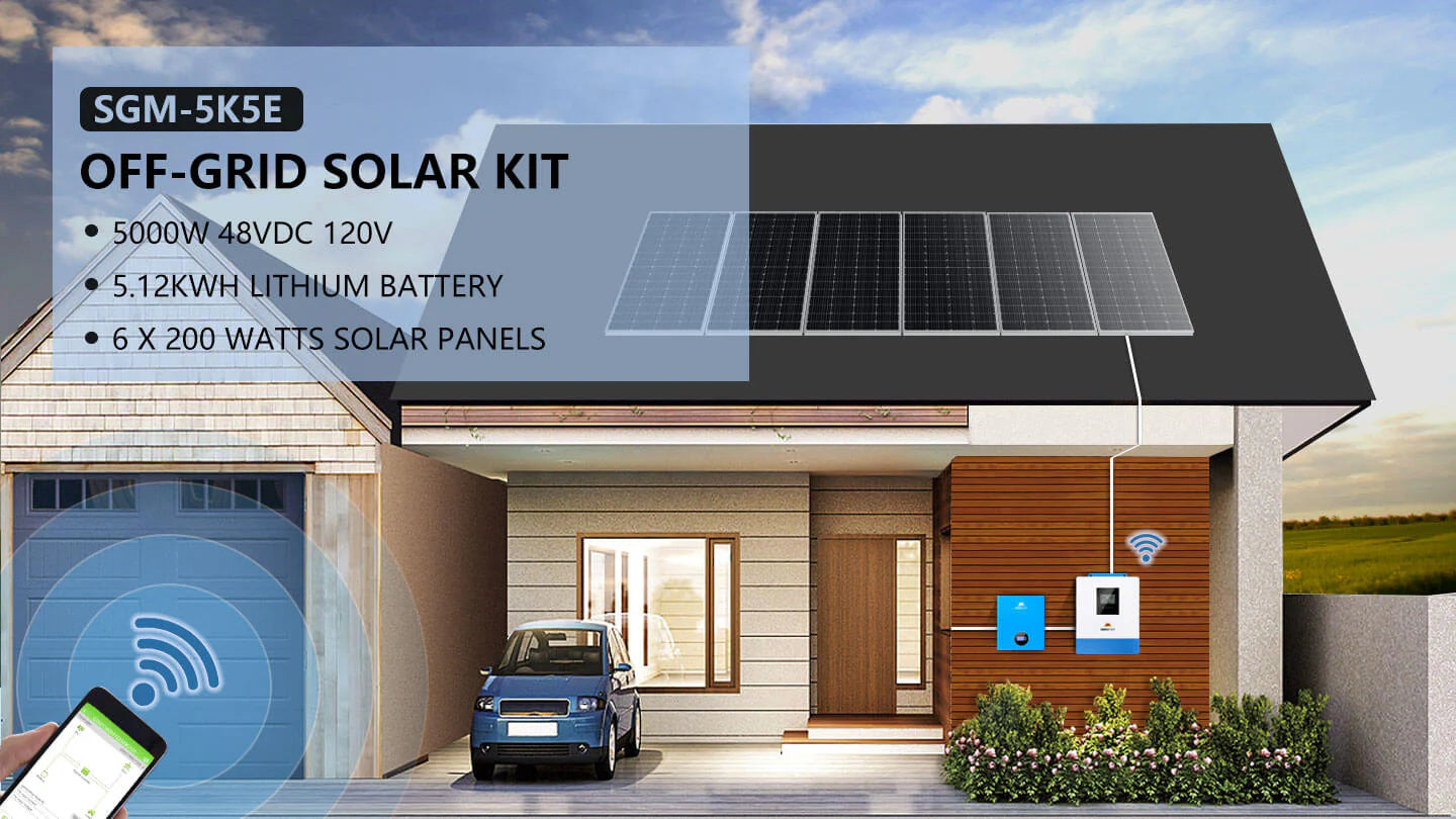 Sungold Power 5,000W Off‑Grid Solar Kit 48VDC 120V 5.12 kWh Powerwall Battery & 6×200W Solar Panels SGM‑5K5E Sungold Power SGM-5K5E solar kit — product photo