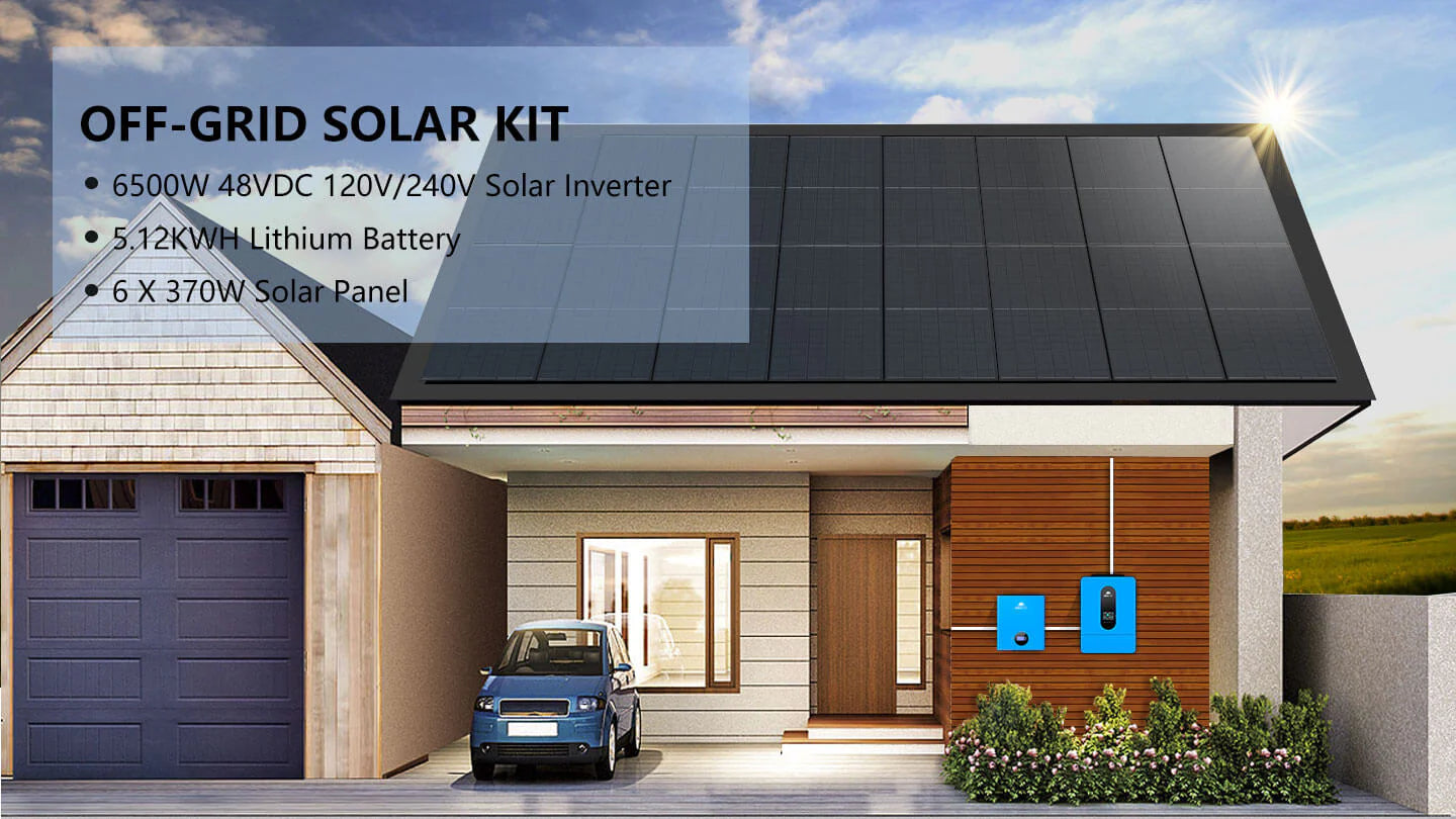 Sungold Power 6,500W Off‑Grid Solar Kit 48VDC 120VAC 5.12 kWh Powerwall Lithium Battery & 6×370W Solar Panels SGM‑655M A modern house with solar panels on the roof stands against a simple backdrop, with a blue electric car parked outside. In a vibrant, easy-to-read font, text highlights the Sungold Power 6,500W Off‑Grid Solar Kit (48VDC 120VAC), featuring a 5.12 kWh Powerwall lithium battery and six high-efficiency 370W solar panels—perfect for powering your home sustainably.