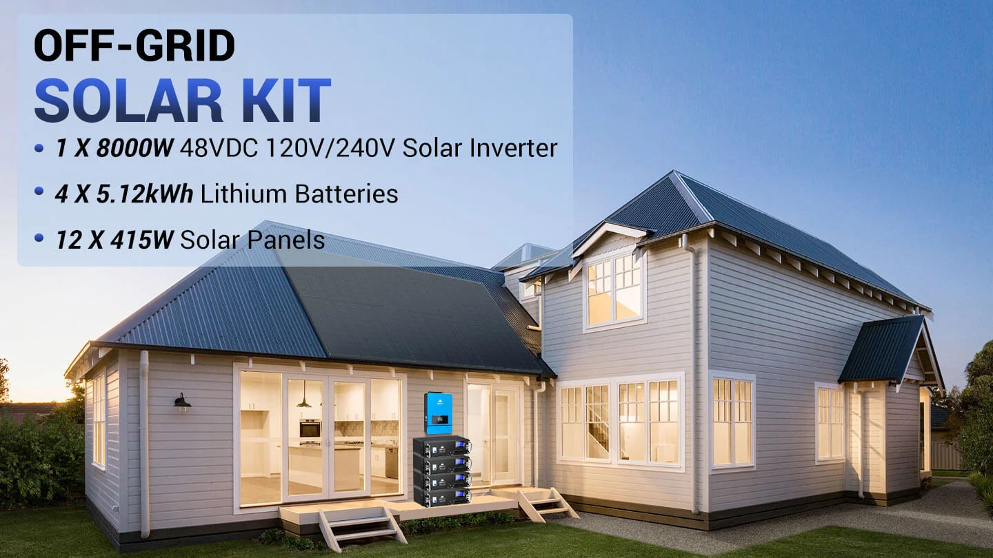Sungold Power Off-Grid 8000W Solar Kit 48VDC 120V/240V Solar Inverter 12 x 415W Solar Panels 4 x 5.12kWh Lithium Battery SGM‑8K20 At sunset, a modern house features a stack of solar batteries outside. Text overlay: SUNGOLD POWER OFF-GRID 8000W SOLAR KIT. Specs include: 8000W 48VDC 120V/240V inverter, four 5.12kWh lithium batteries, and twelve 415W solar panels (Model SGM‑8K20) by Sungold Power.