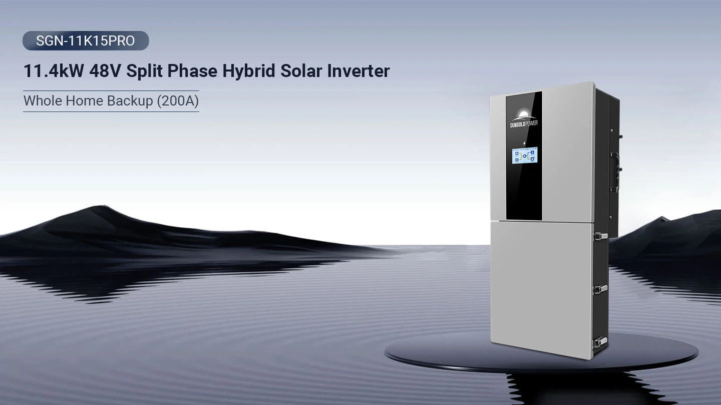 A sleek silver and black SUNGOLD POWER 11.4KW 48V Split Phase Hybrid Inverter (model SGN-11K15PRO) by Sungold Power stands on a reflective surface with a majestic mountain background. Text reads: Whole Home Backup (200A).