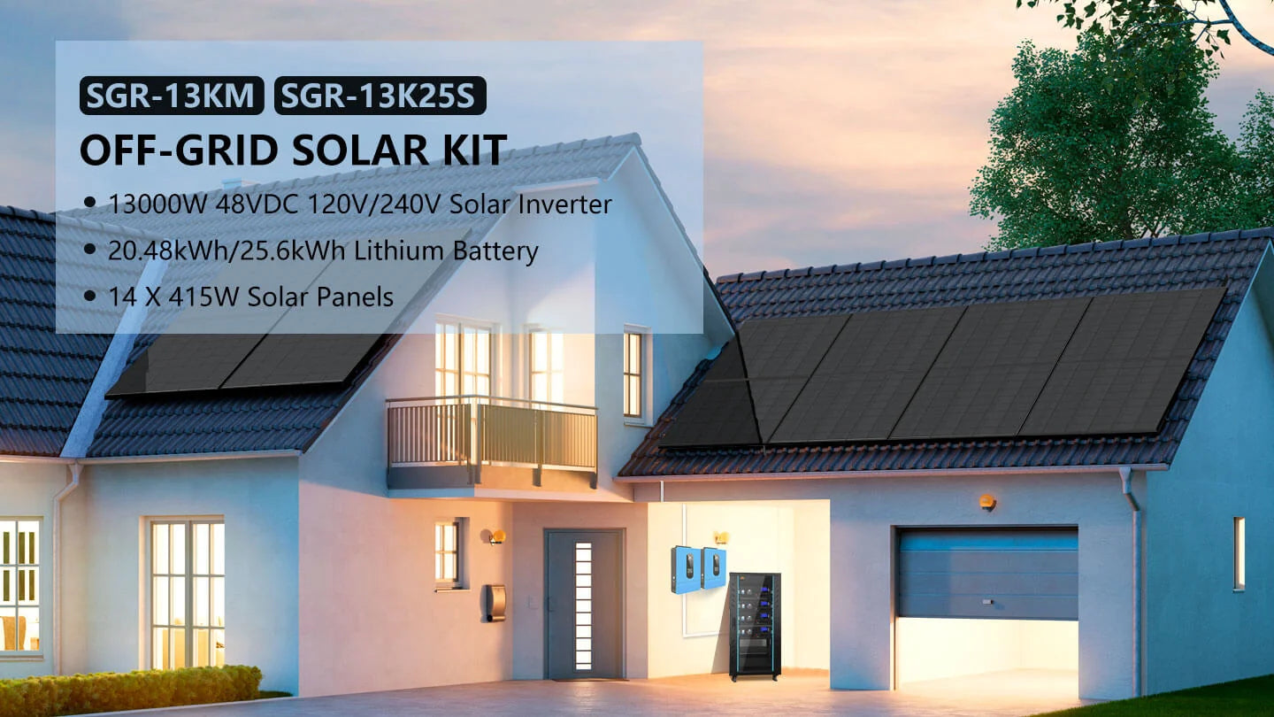Sungold Power SGR-13KM 13,000W off-grid solar kit installed on a home at sunset