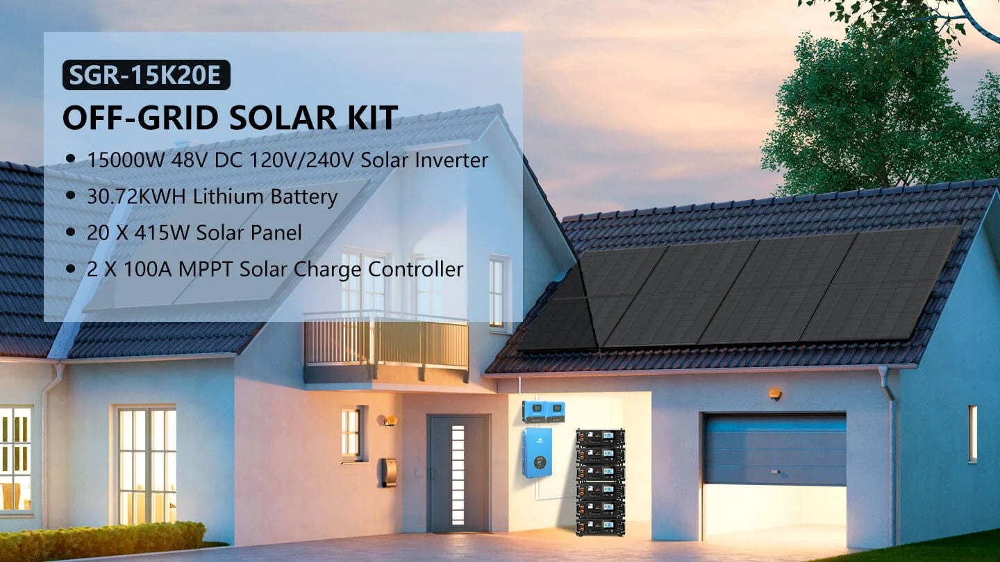 A modern house with solar panels on the roof showcases the Sungold Power 15,000W Off‑Grid Solar Kit (SGR‑15K20E) by Sungold Power, featuring a 48VDC system, split phase 120V/240V output, a 30.72 kWh LiFePO₄ battery, and 20×415W solar panels. However, the provided product description contains only CSS code and does not mention any product features or details.