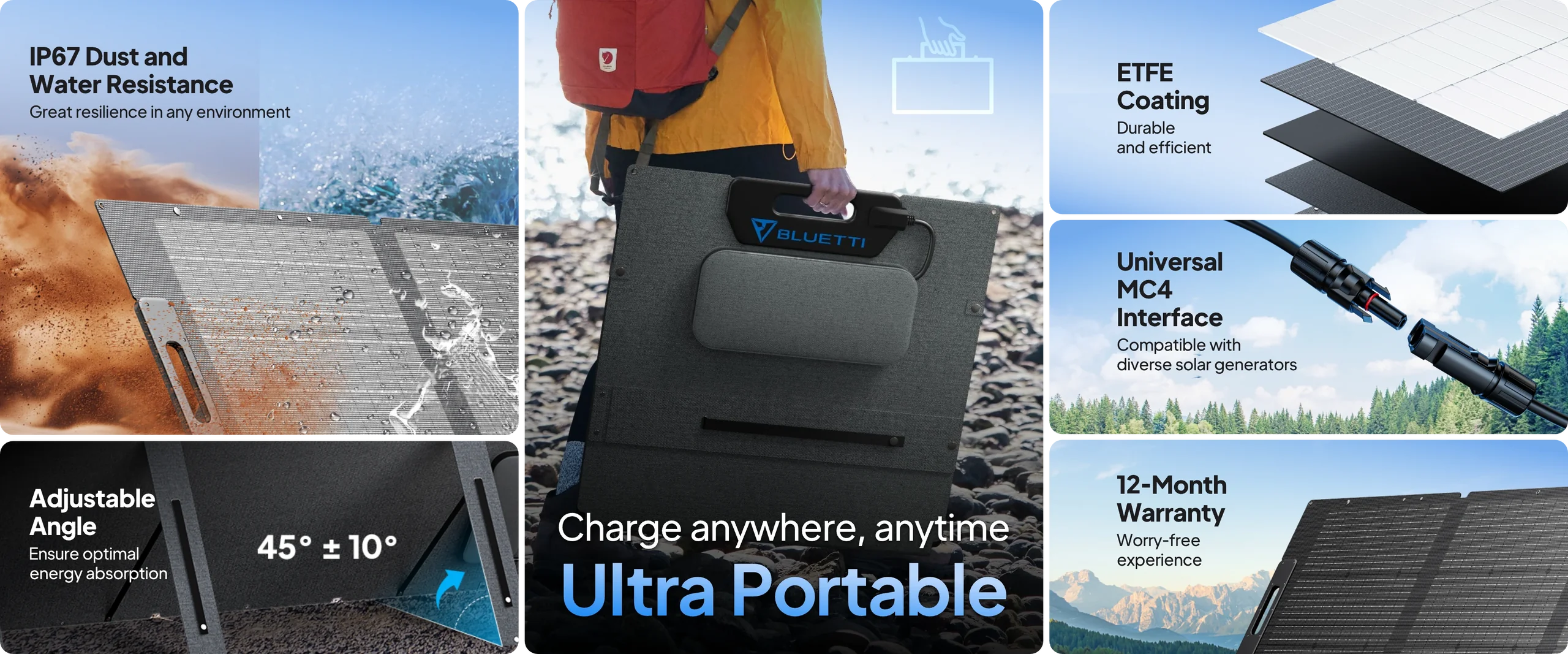BLUETTI 200W 24V Monocrystalline Portable Solar Panel A person carries a BLUETTI 200W 24V Monocrystalline Portable Solar Panel by the lake, showcasing Bluetti’s rugged, IP67 water-resistant panel with ETFE coating, MC4 interface, adjustable angles (45°/10°), and a 12-month warranty.