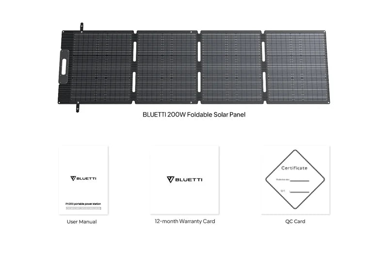 BLUETTI 200W 24V Monocrystalline Portable Solar Panel The BLUETTI 200W 24V Monocrystalline Portable Solar Panel is shown unfolded, with its user manual, 12-month warranty card, and QC certificate card displayed separately below.