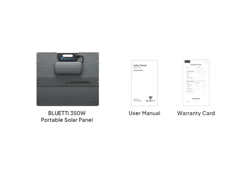 Image displays three items on a white background: folded Bluetti 350W 48V Monocrystalline Portable Solar Panel, User Manual, and Warranty Card, each labeled below—an all-in-one portable power solution from Bluetti.