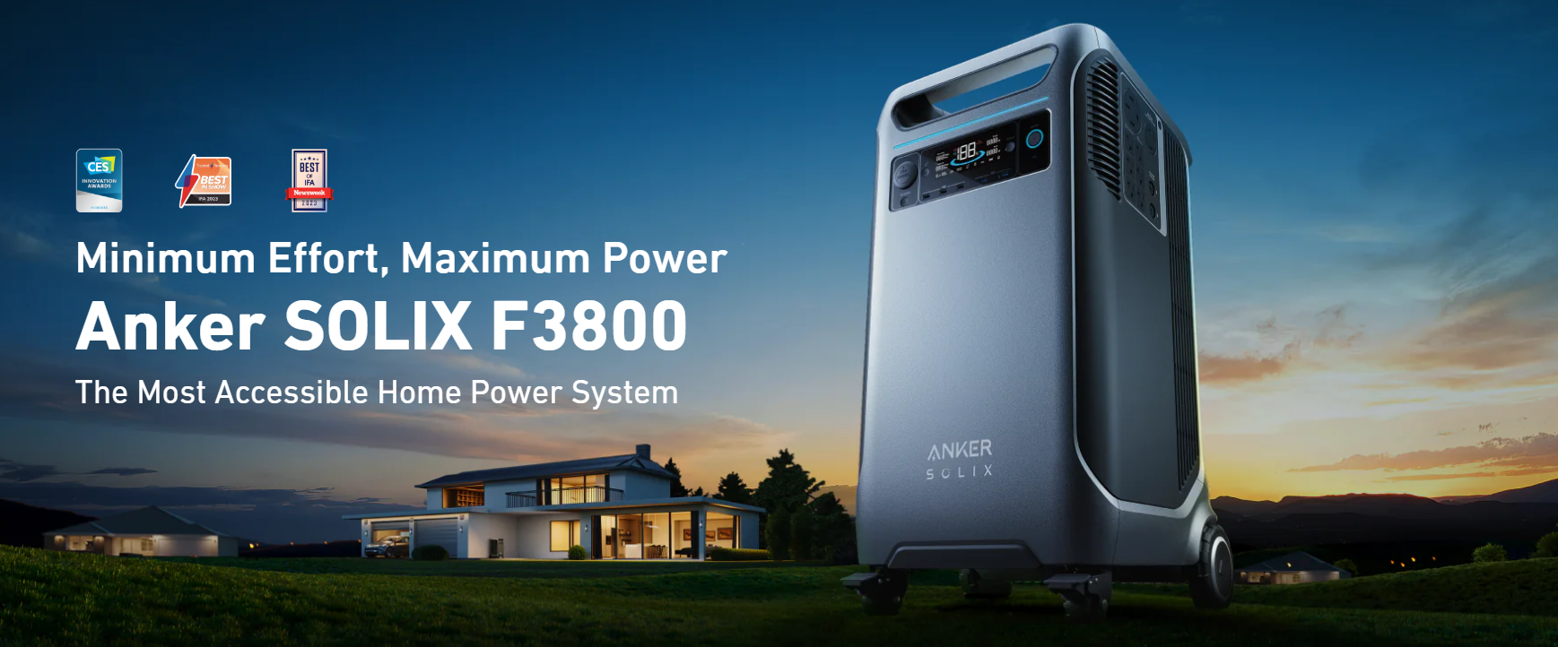2× Anker SOLIX F3800 Portable Power Station | 12000W Output | 7.68kWh Battery Storage | Smart Home Power Kit Two Anker SOLIX F3800 Portable Power Stations (12000W, 7.68kWh) are shown outside a modern home at sunset, highlighted as a smart home power kit with solar integration. App compatibility icons appear in the top left corner.