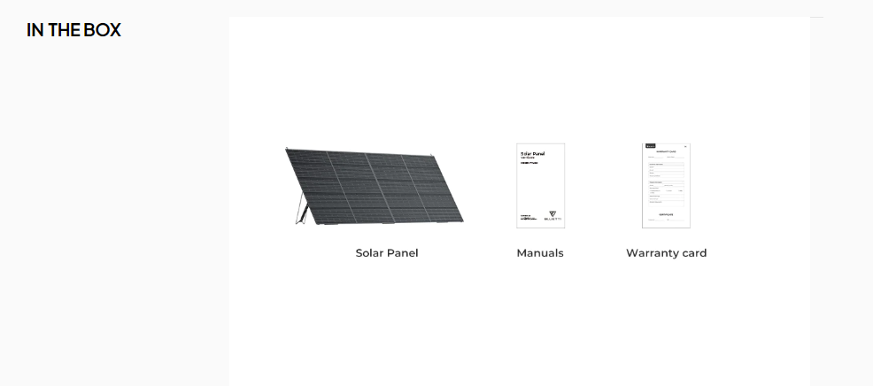 BLUETTI 420W 48V Monocrystalline Portable Solar Panel Image displays Bluetti BLUETTI 420W 48V Monocrystalline Portable Solar Panel, printed manuals, and a warranty card—each shown as a labeled icon to represent what’s included in the box.