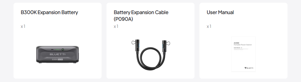 Bluetti B300K 2,764.8Wh 48V Portable Expansion Battery Items included: one Bluetti B300K 2,764.8Wh 48V Portable Expansion Battery, one coiled Battery Expansion Cable (P090A) with connectors, and one white User Manual—all from Bluetti.
