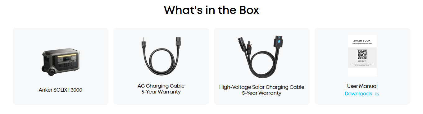 Anker SOLIX F3000 Portable Power Station with 7,200W Power Output and 6,144Wh Battery Storage Contents of the Anker SOLIX F3000 box: portable power station (3,600W/3,072Wh), AC charging cable, solar charging cable, and user manual with downloads link—ideal for dependable off-grid power.