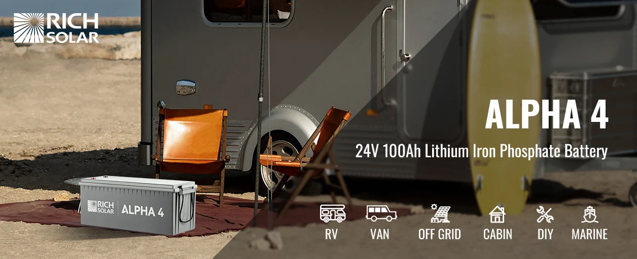 A Rich Solar 24V 100Ah Lithium Battery | ALPHA 4 rests next to two chairs and a gray van in the desert. Featuring icons that highlight its versatility for RVs, vans, off-grid living, cabins, DIY projects, and marine applications, this battery from Rich Solar boasts a sleek design with smooth edges and a modern finish—blending cutting-edge innovation with stylish aesthetics for effortless outdoor adventures.