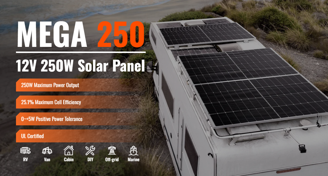 RICH SOLAR MEGA 250W 12V Monocrystalline Solar Panel A white RV with sleek solar panels from Rich Solar mounted on its roof is parked on lush grass, its clean lines accentuated by tasteful box shadows. Text in a modern font reads: RICH SOLAR MEGA 250W 12V Monocrystalline Solar Panel and highlights key features—250W output, 25.1% efficiency, 0~5W tolerance, and UL certification. Softly rounded icons illustrate the panel’s versatile applications.