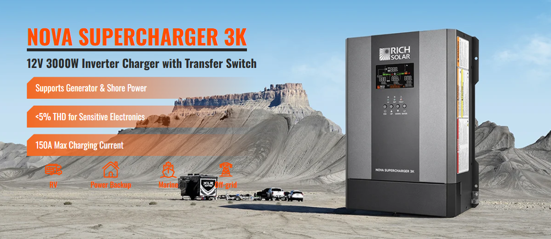 Rich Solar NOVA SUPERCHARGER 3K | 3000W 12V Pure Sine Wave Inverter Charger A Rich Solar NOVA SUPERCHARGER 3K | 3000W 12V Pure Sine Wave Inverter Charger by Eco Solar Kits is displayed against dramatic desert cliffs, featuring elegant highlights such as 12V/3000W power capacity, generator support, low THD, and robust 150A charging. The product image features a subtle box-shadow and smooth border-radius corners for a sleek appearance, complemented by icons indicating suitability for RVs, backup power, and off-grid applications—completing its modern look.