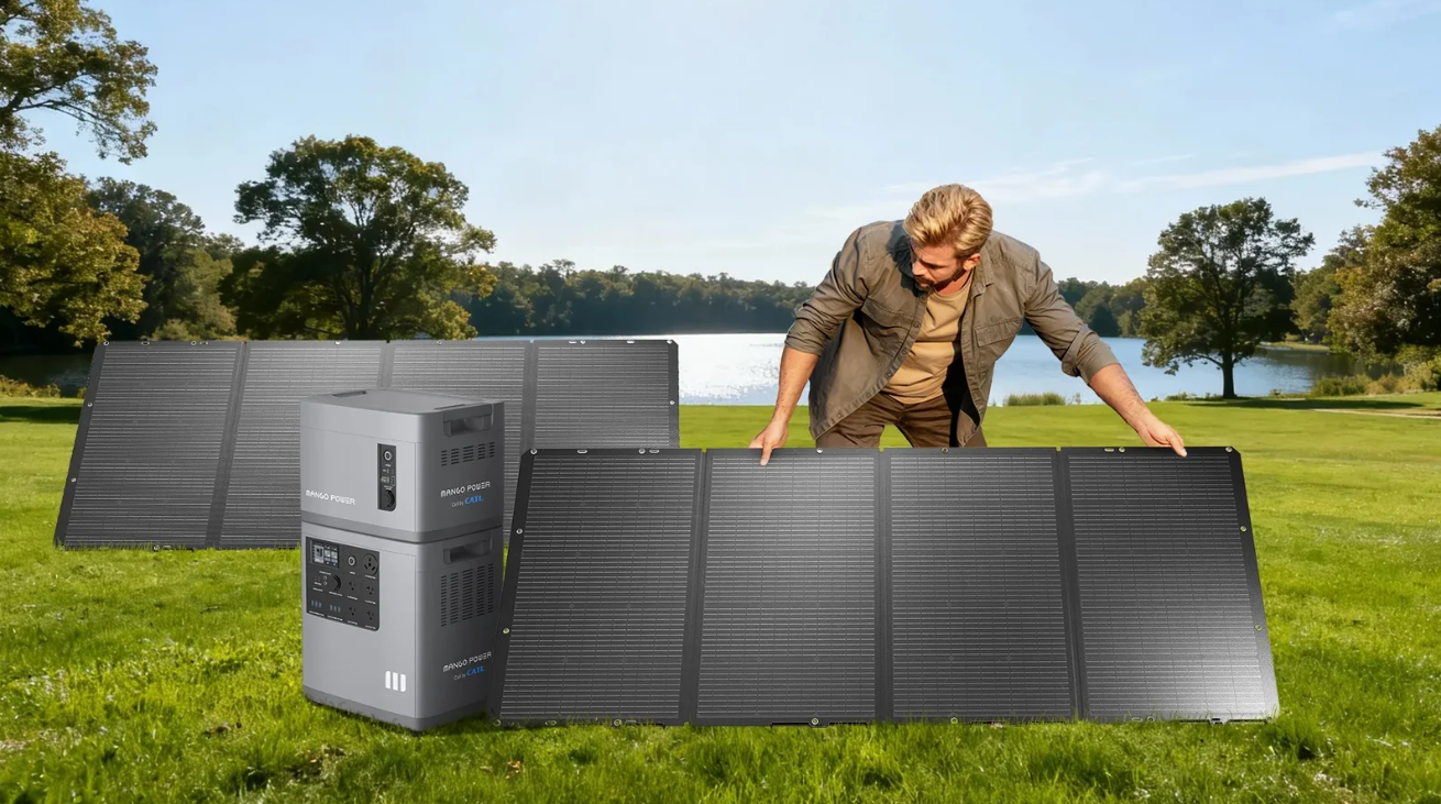 Mango Power E 3,000W 3.5kWh 120V Portable Power Station + 2 x 200W Solar Panels Package A person sets up two 200W Mango Power solar panels on the grass by a lake, connecting them to the Mango Power E 3,000W 3.5kWh 120V Portable Power Station. Trees and water are visible in the background beneath a blue sky.