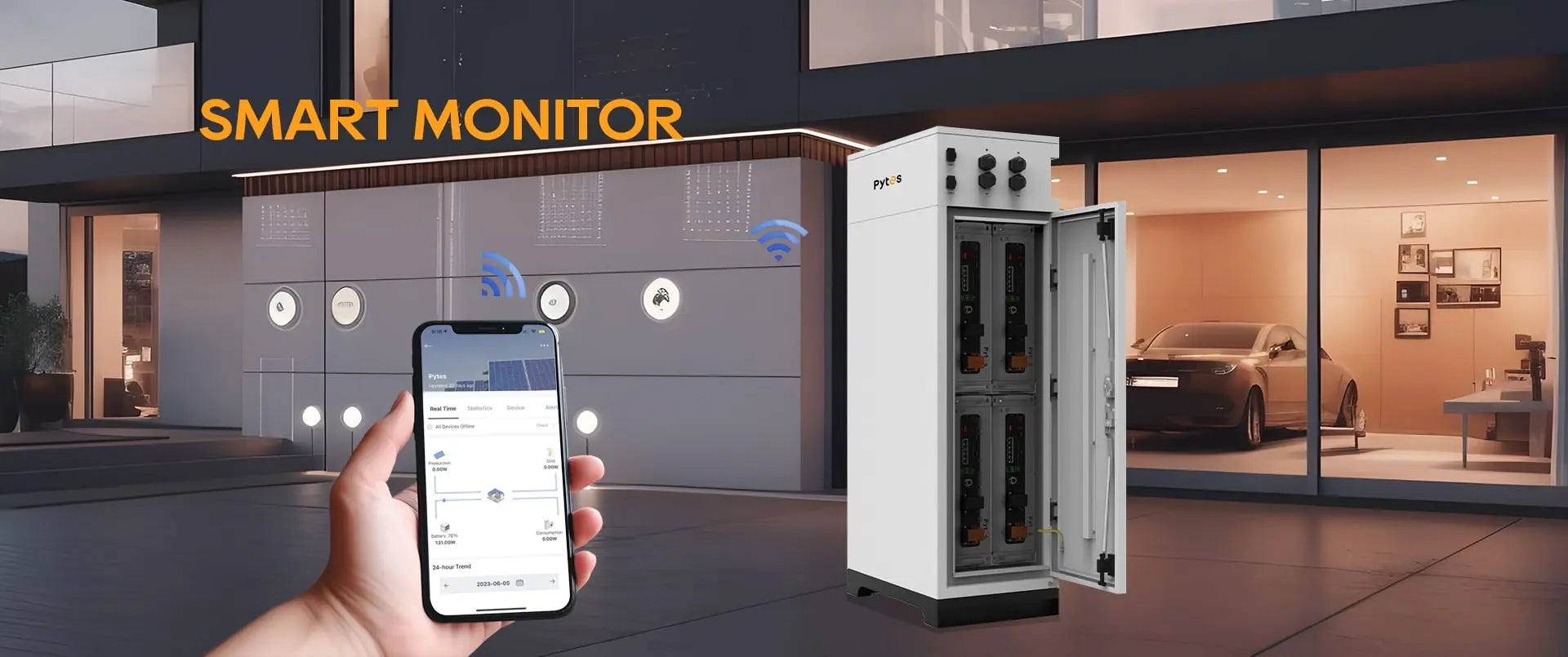 Pytes V5 20.48kWh 51.2V Battery Storage System| LiFePO4, 4×100Ah, 6000+ cycles, Outdoor Cabinet A hand holds a smartphone with a smart monitoring app in front of a modern house and car, near the Pytes V5 Outdoor 20.48kWh 51.2V LiFePO4 battery storage cabinet, highlighting wireless control and long-lasting power by Pytes.