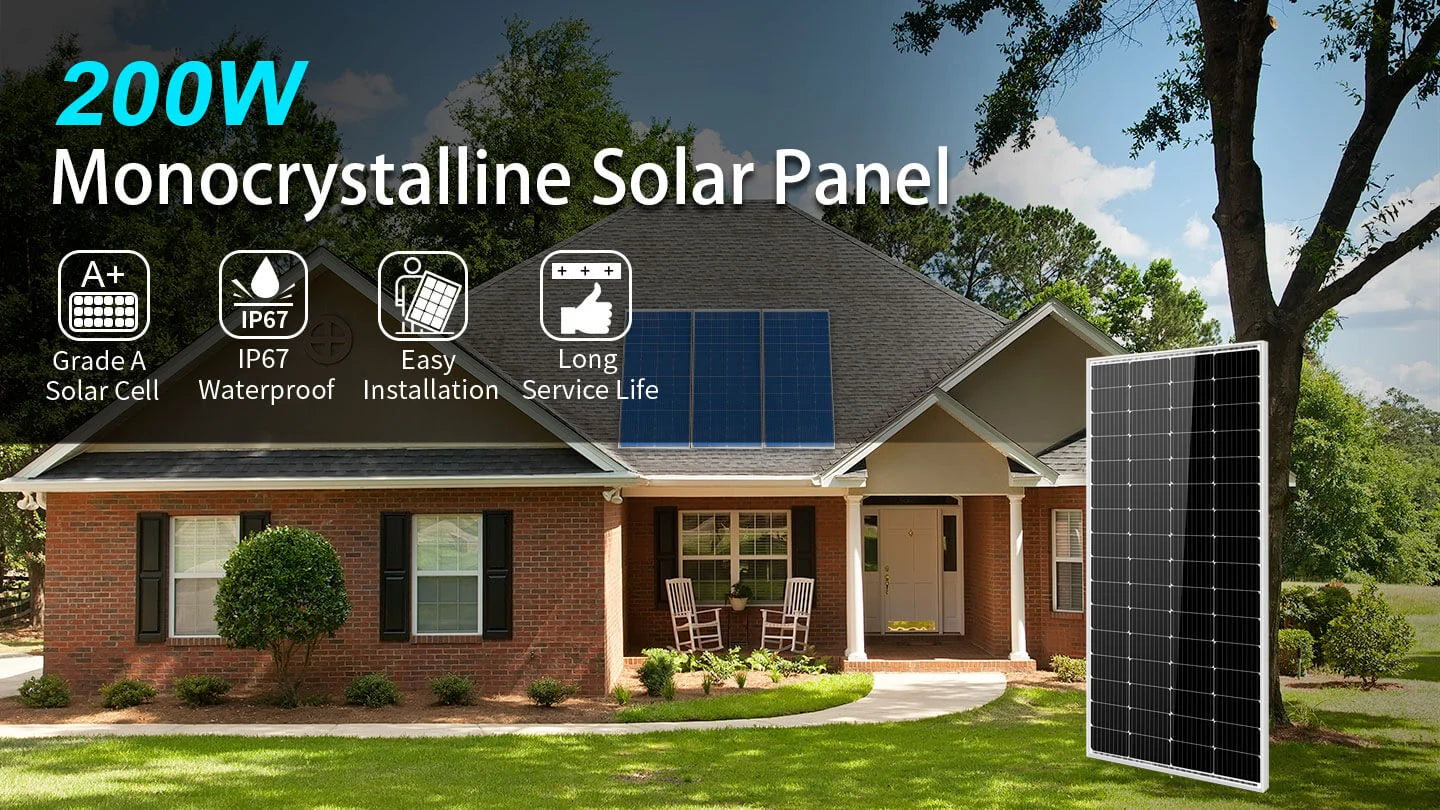 SunGoldPower 200W 48V Monocrystalline Solar Panels Kit Based on the provided product description, this image showcases a house with solar panels on the roof and a prominent SunGoldPower 200W 48V Monocrystalline Solar Panels Kit by Sungold Power displayed in the foreground. Key features highlighted include an A+ grade rating, IP67 waterproof design, straightforward installation process, and long service life—making it an ideal choice for efficient and reliable solar energy solutions.