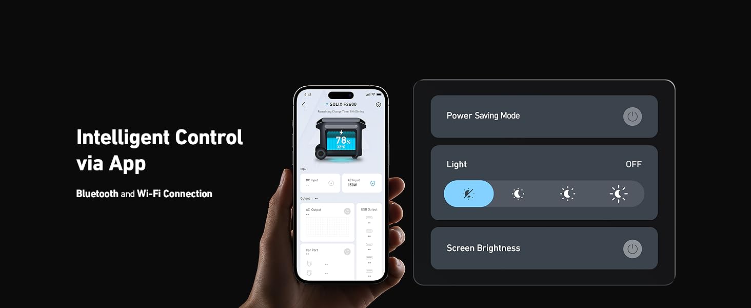 Anker SOLIX F2600 + BP2600 Expansion Battery | 5120Wh Storage| 2400W Power Output A hand holds a smartphone showing smart app controls for the Anker SOLIX F2600 + BP2600 Expansion Battery, including Power Saving Mode, Light and Screen Brightness—ideal for managing the 5120Wh portable power station from Anker.