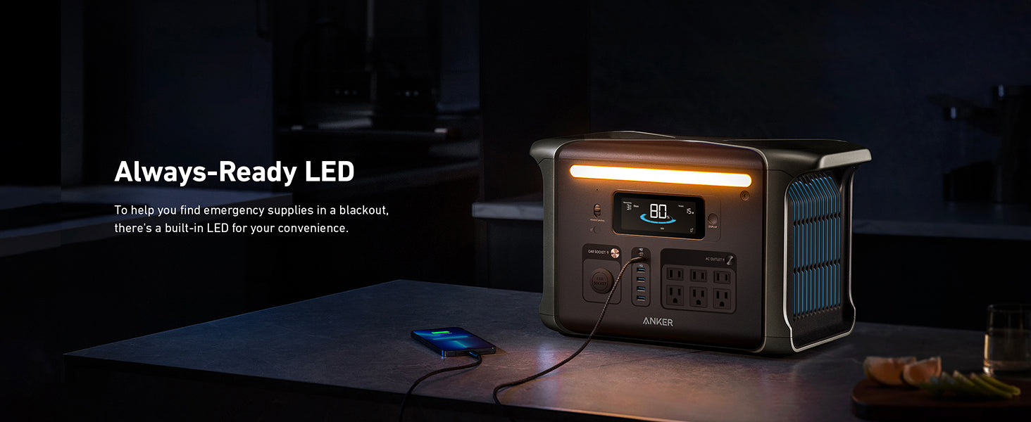 The Anker SOLIX F1500 Solar Generator, with 1536Wh storage and 1800W output, sits on a dark counter. Its built-in LED lights up the space while a smartphone charges nearby. Image text reads “Always-Ready LED” noting its emergency utility.