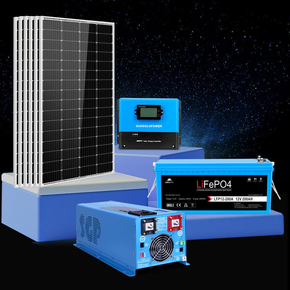 Sungold Power 4,000W Off‑Grid Solar Kit 12VDC 120V/240V LiFePO₄ Battery 1,200W Solar Backup SGK‑PR4S The Sungold Power 4,000W Off‑Grid Solar Kit (SGK‑PR4S) features 1,200W solar panels, a blue inverter, charge controller, and LiFePO₄ battery—reliable solar energy from Sungold Power for any remote location.