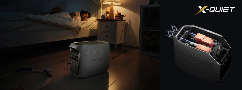 EcoFlow DELTA 3 Plus 1,800W 1,024Wh Plus Portable Solar Power Station A child sleeps in bed at night with a softly lit lamp on a nightstand while a portable power station glows quietly nearby; an inset shows the device’s internal components and the X-Quiet logo.