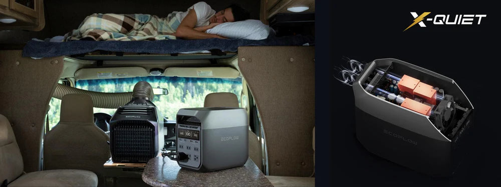 Ecoflow DELTA 3 1,800W 1,024Wh Portable Power Station A person sleeps in a camper van with a portable air conditioner powered by the Ecoflow DELTA 3 1,800W 1,024Wh Portable Power Station. On the right, theres a close-up of the ACs interior and the X-Quiet logo.