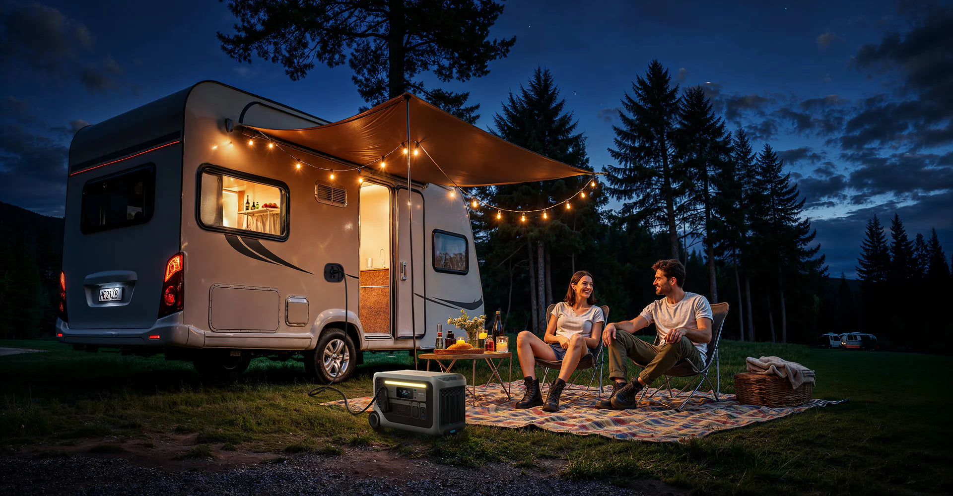 Anker SOLIX F3000 Solar Generator + 2× 400W Solar Panels | 3,600W Output | 3,072Wh | 800W Solar Anker SOLIX F3000 powering a camper at dusk